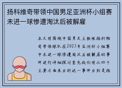 扬科维奇带领中国男足亚洲杯小组赛未进一球惨遭淘汰后被解雇